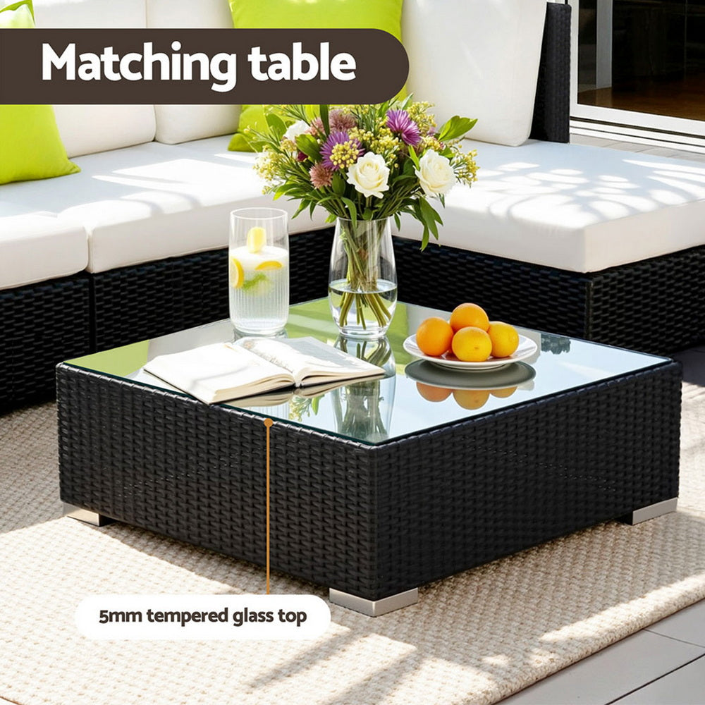 Outdoor Rattan Furniture Set Sofa Corner Table Ottoman Glass Top Patio Set