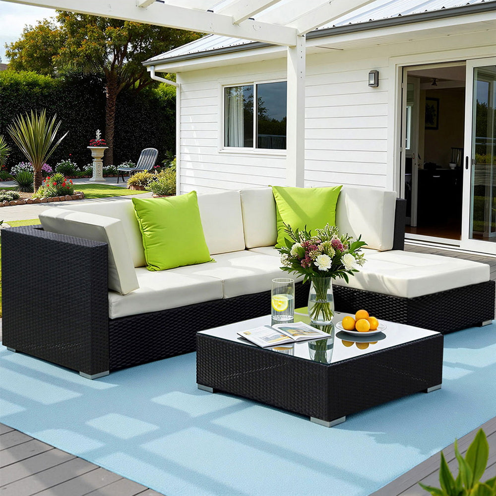 Outdoor Rattan Furniture Set Sofa Corner Table Ottoman Glass Top Patio Set