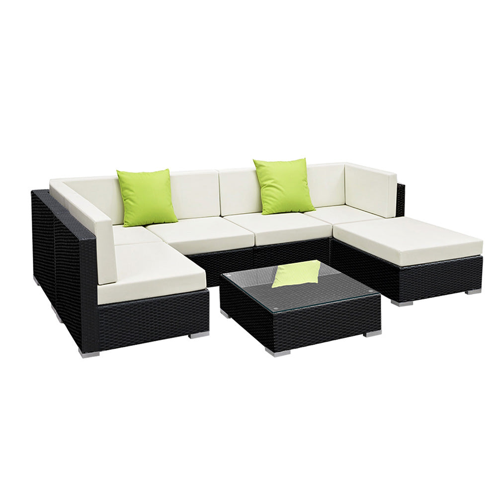 Outdoor Rattan Furniture Set Sofa Corner Lounge Glass Table Ottoman Patio Set