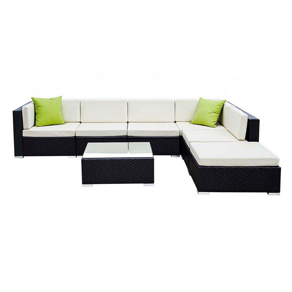 Outdoor Rattan Furniture Set Sofa Corner Lounge Glass Table Ottoman Patio Set