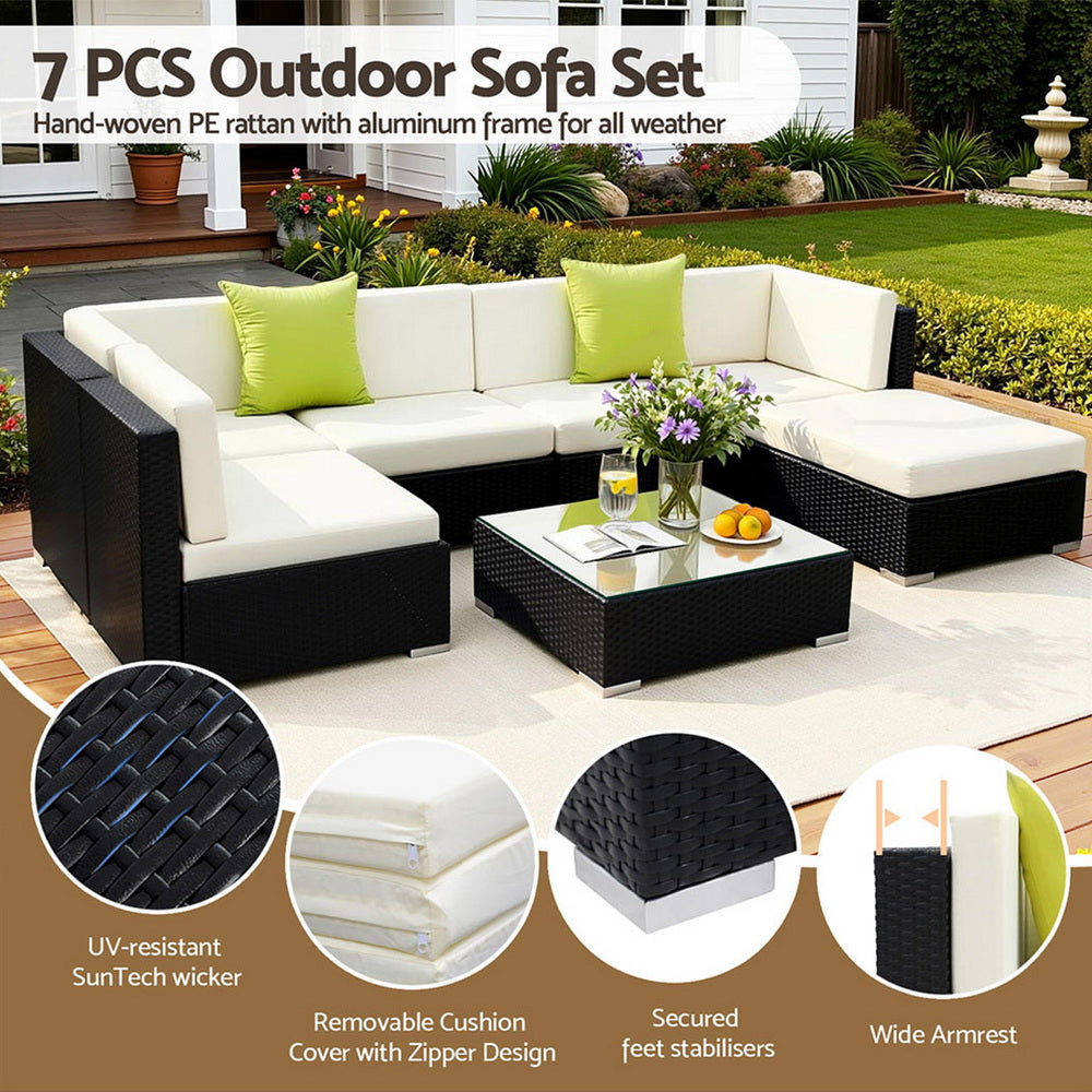Outdoor Rattan Furniture Set Sofa Corner Lounge Glass Table Ottoman Patio Set