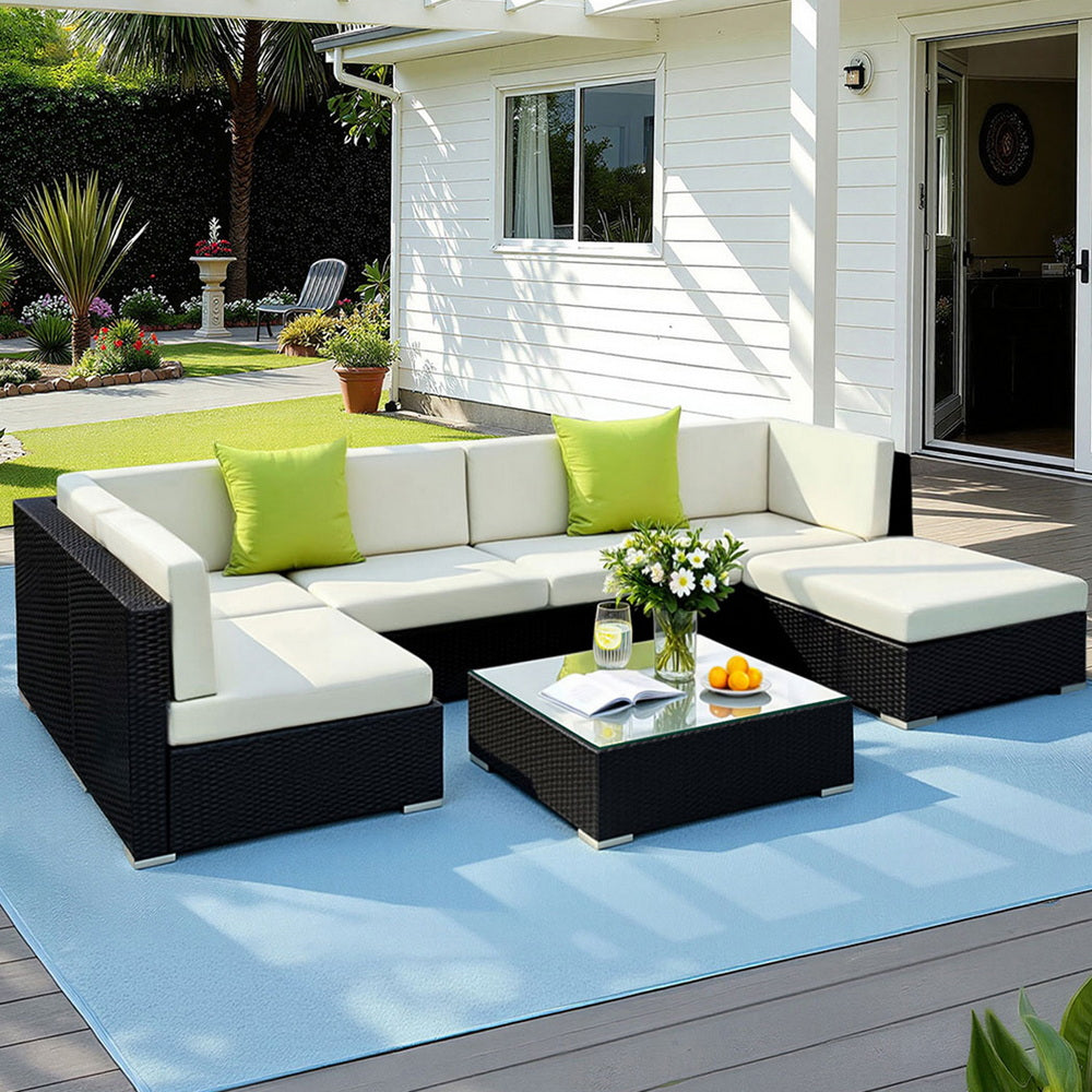 Outdoor Rattan Furniture Set Sofa Corner Lounge Glass Table Ottoman Patio Set