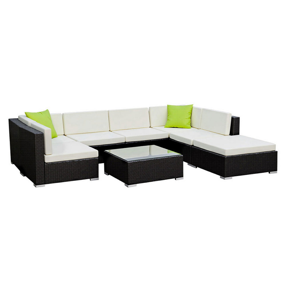 Outdoor Rattan Furniture Set Sofa Corner Lounge Glass Table Ottoman Patio Set
