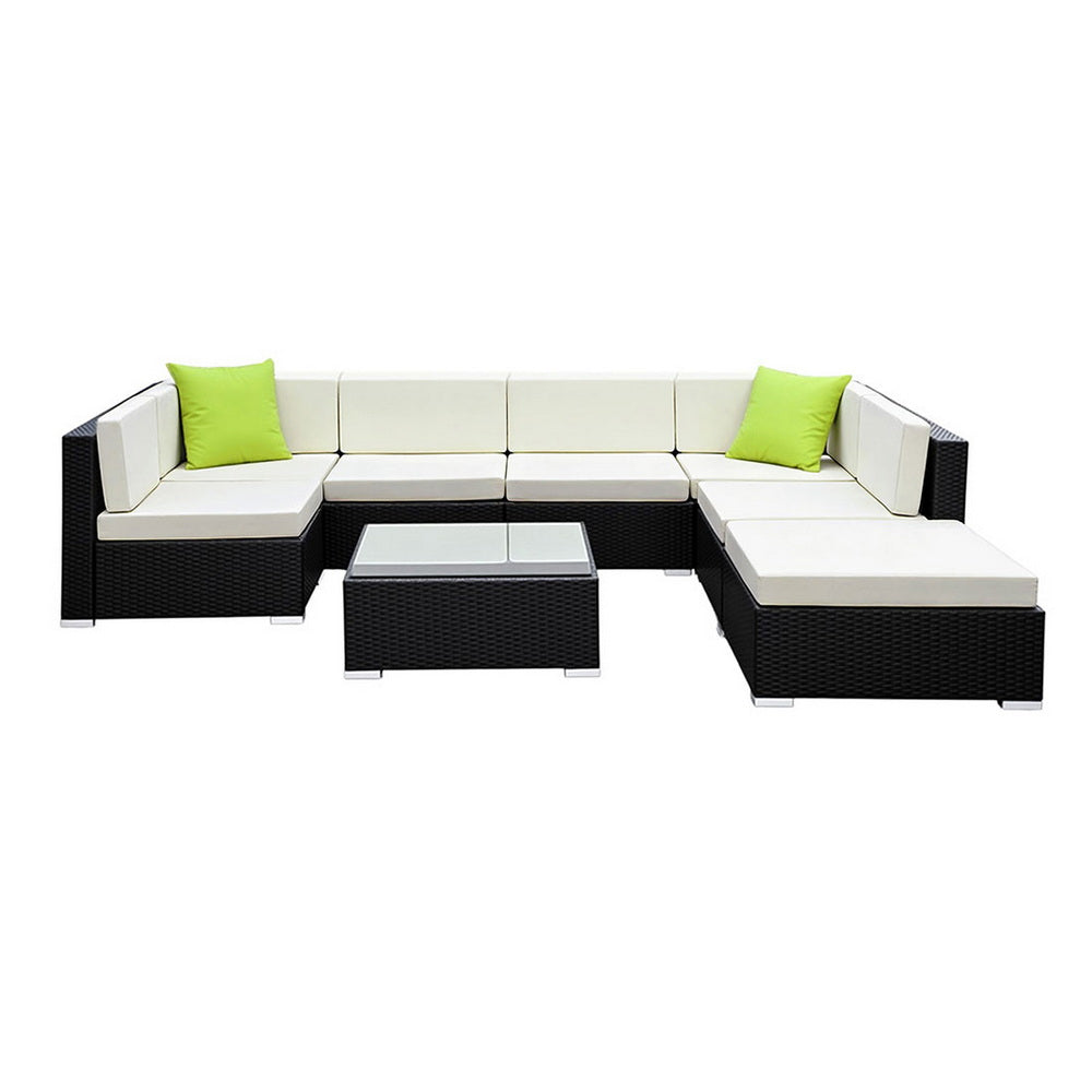 Outdoor Rattan Furniture Set Sofa Corner Lounge Glass Table Ottoman Patio Set