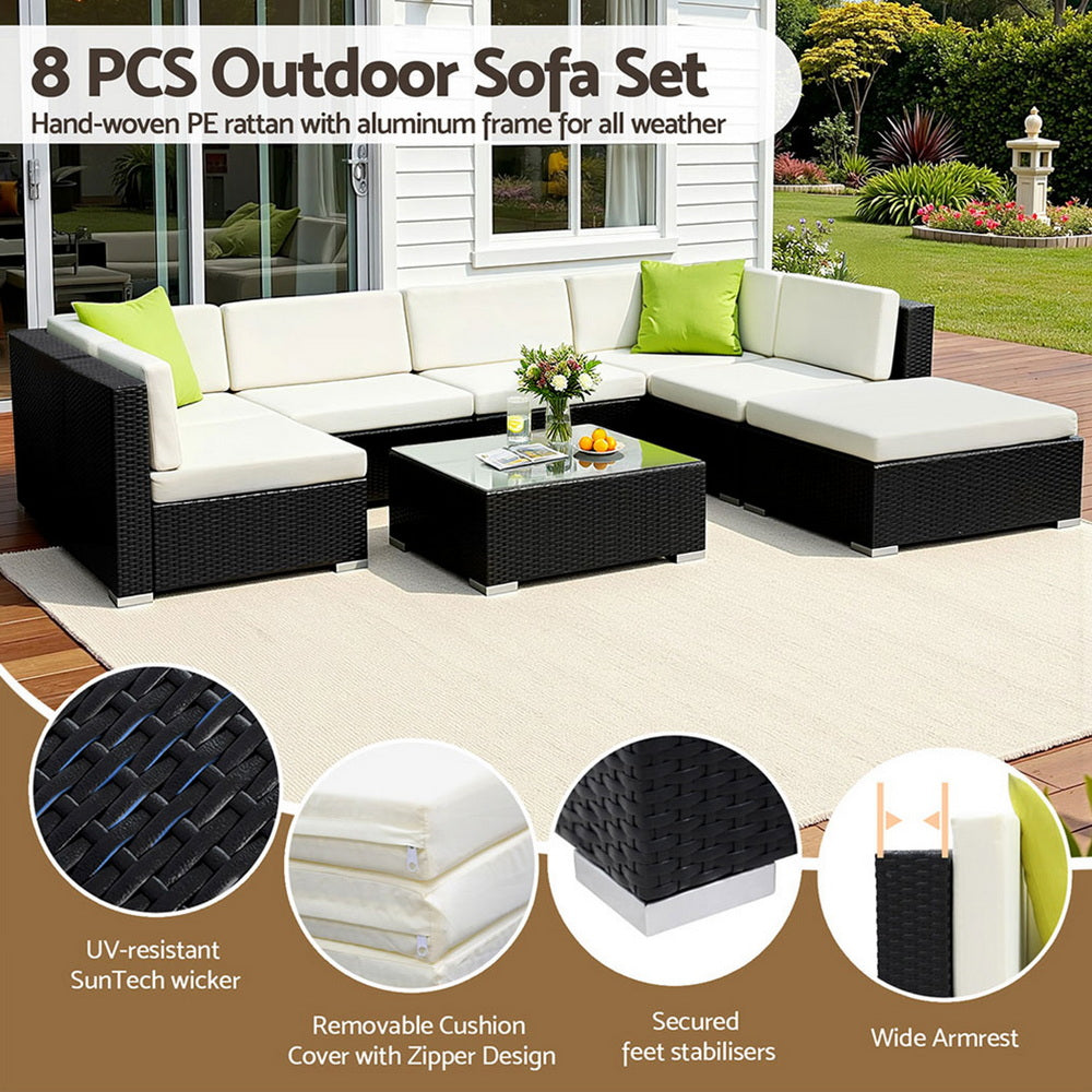 Outdoor Rattan Furniture Set Sofa Corner Lounge Glass Table Ottoman Patio Set