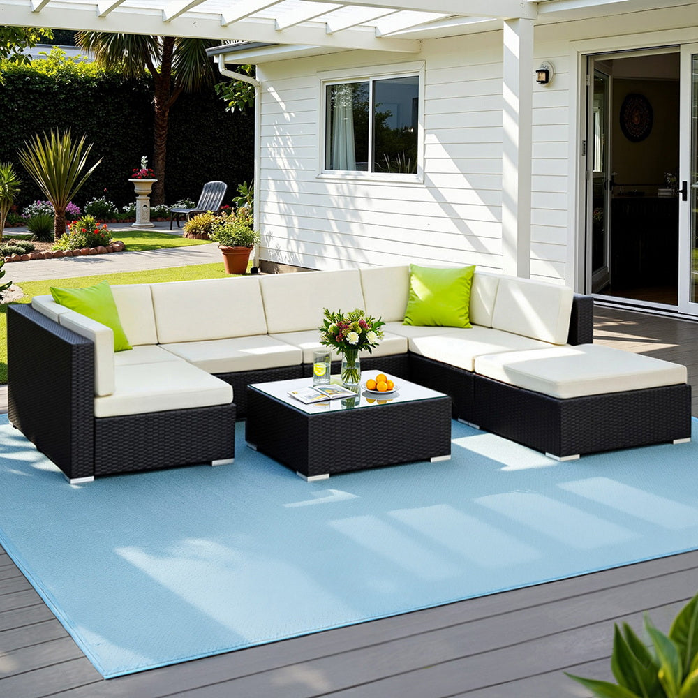 Outdoor Rattan Furniture Set Sofa Corner Lounge Glass Table Ottoman Patio Set
