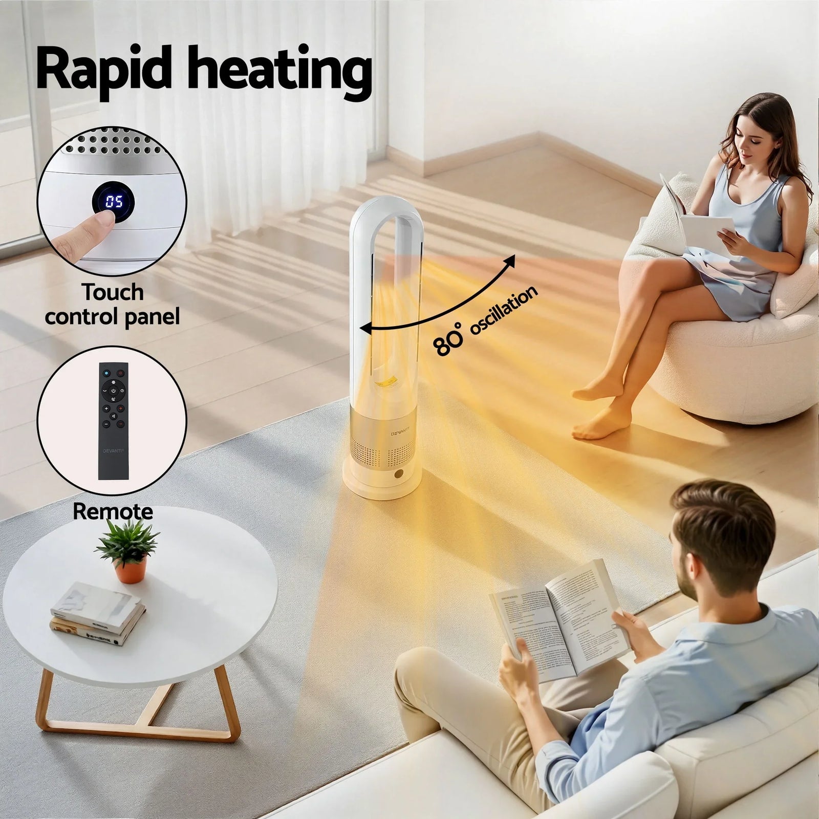 Bladeless Fan Heater – 2‑in‑1, 1200W Heat, 30W Fan, 80° Oscillation, Remote