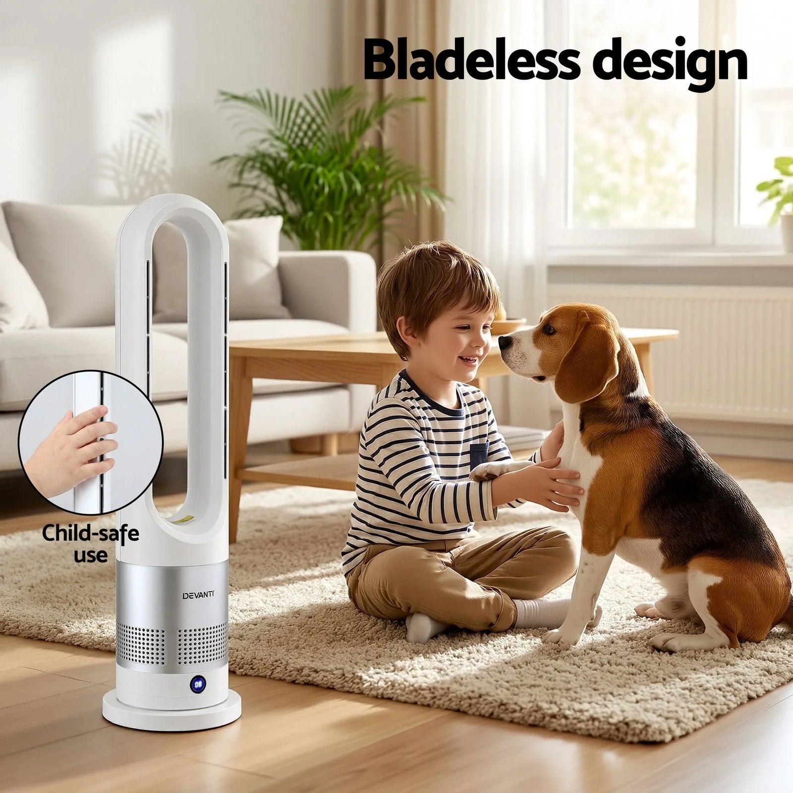 Bladeless Fan Heater – 2‑in‑1, 1200W Heat, 30W Fan, 80° Oscillation, Remote
