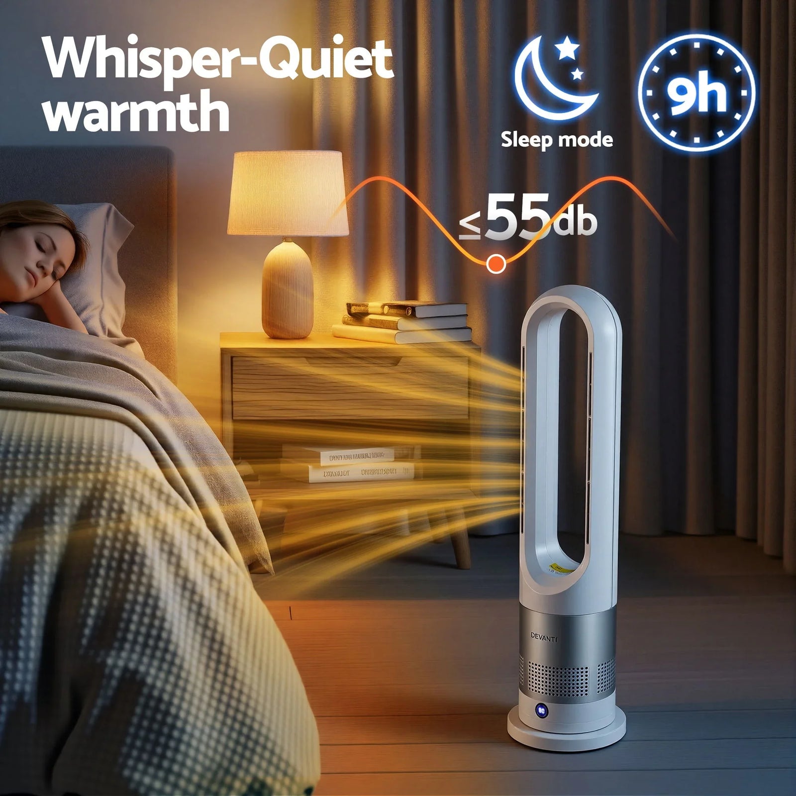 Bladeless Fan Heater – 2‑in‑1, 1200W Heat, 30W Fan, 80° Oscillation, Remote