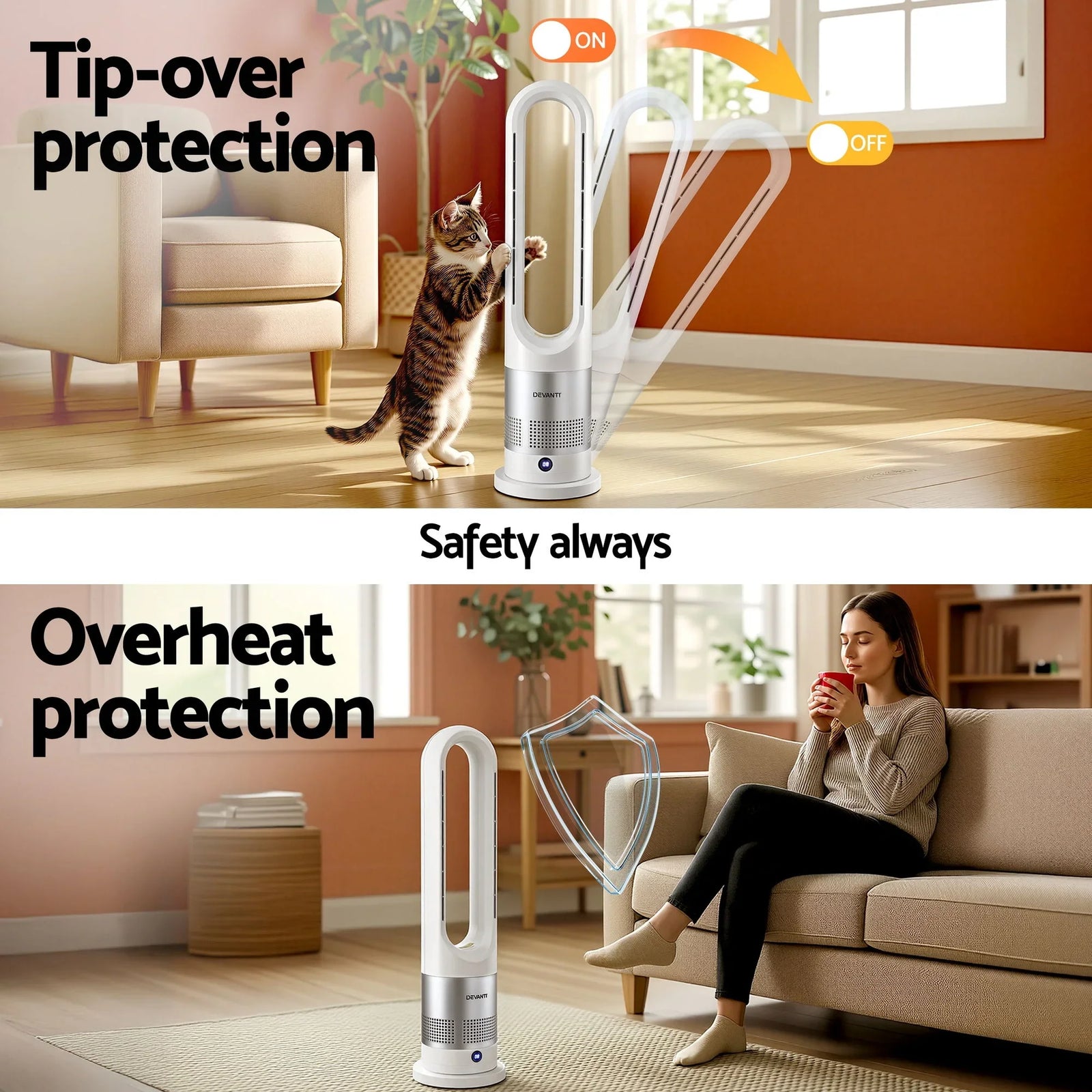 Bladeless Fan Heater – 2‑in‑1, 1200W Heat, 30W Fan, 80° Oscillation, Remote