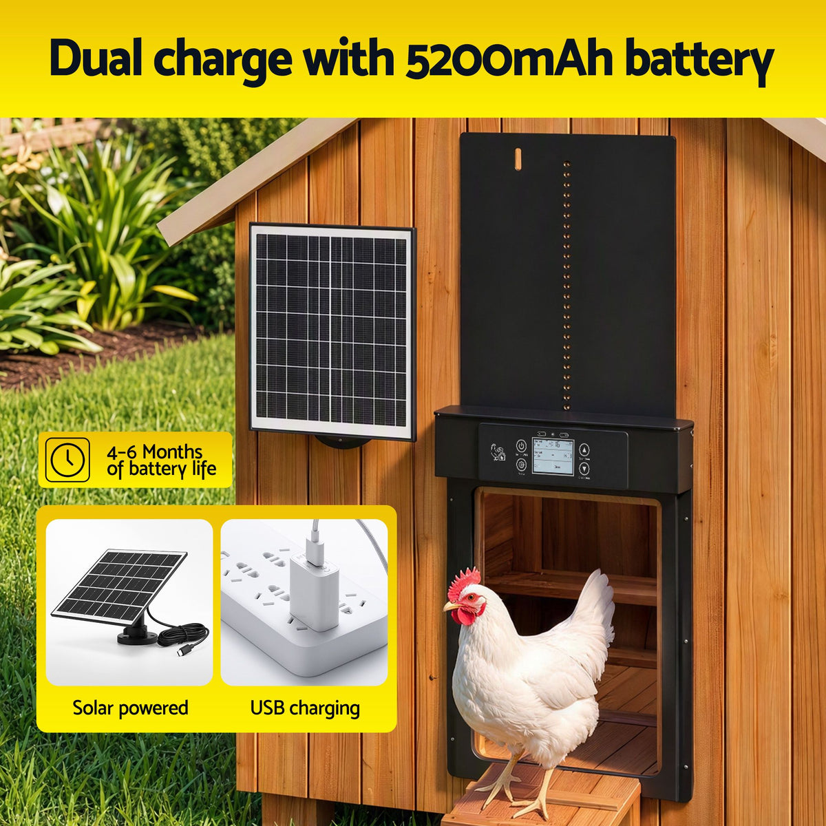 Giantz Automatic Chicken Coop Door 37cm Solar Powered Smart App Control Black