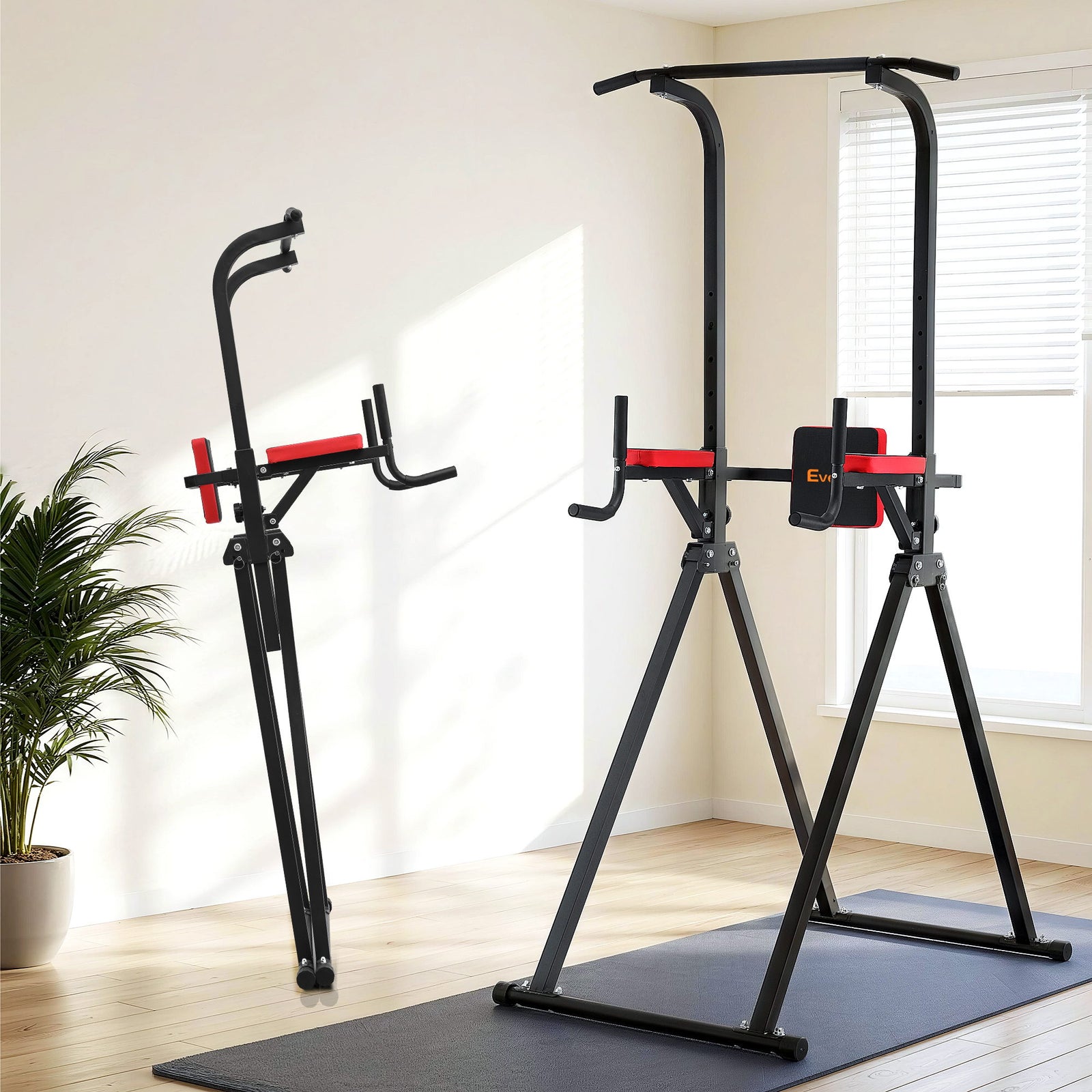 Chin Up Tower Pull Up Station Adjustable Dip Station Folding Home Gym Black