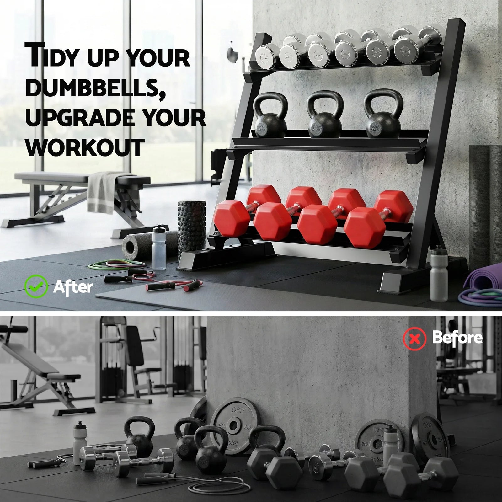 Dumbbell Rack 3-Tier Heavy Duty Weight Storage for Home Gym 300kg Capacity Black