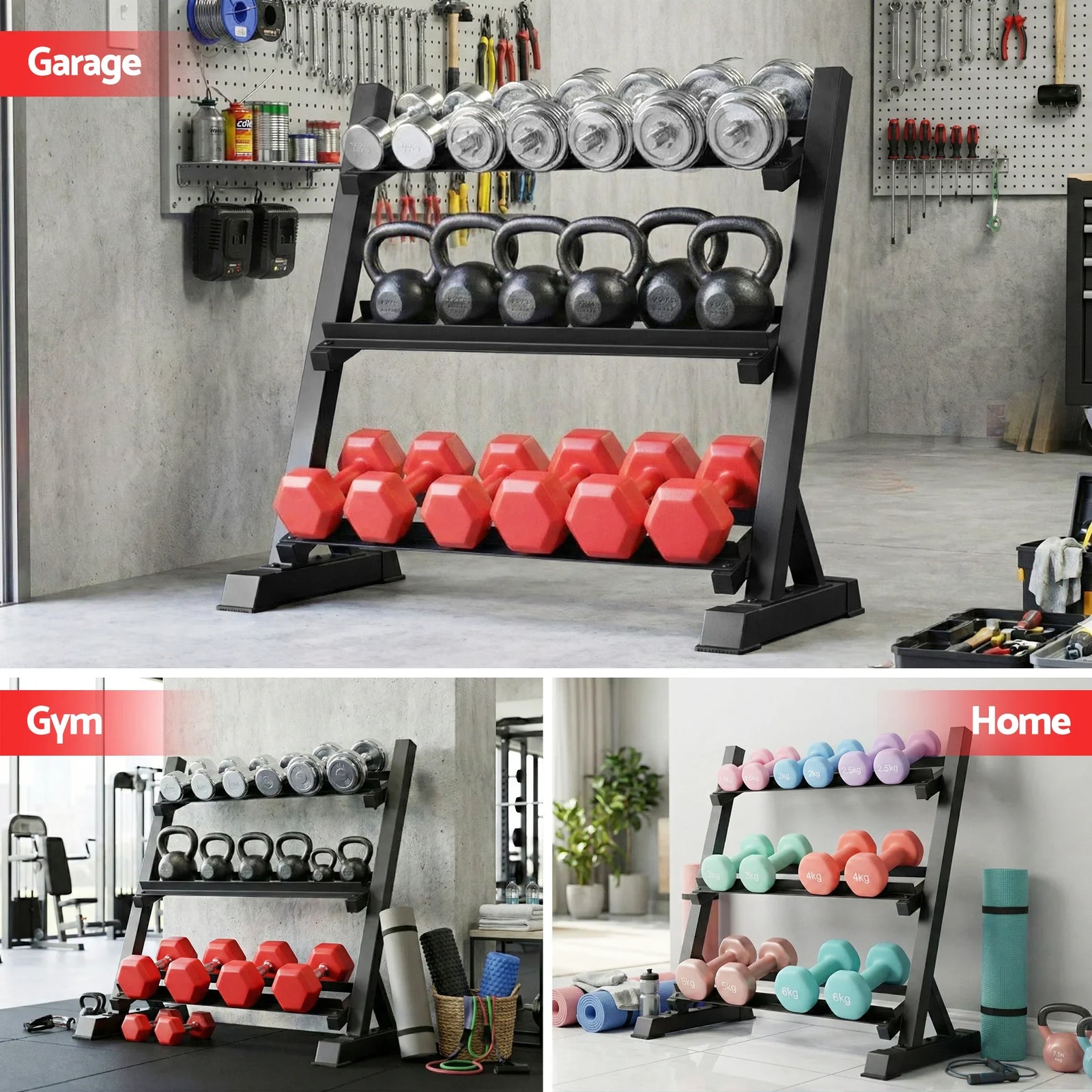 Dumbbell Rack 3-Tier Heavy Duty Weight Storage for Home Gym 300kg Capacity Black