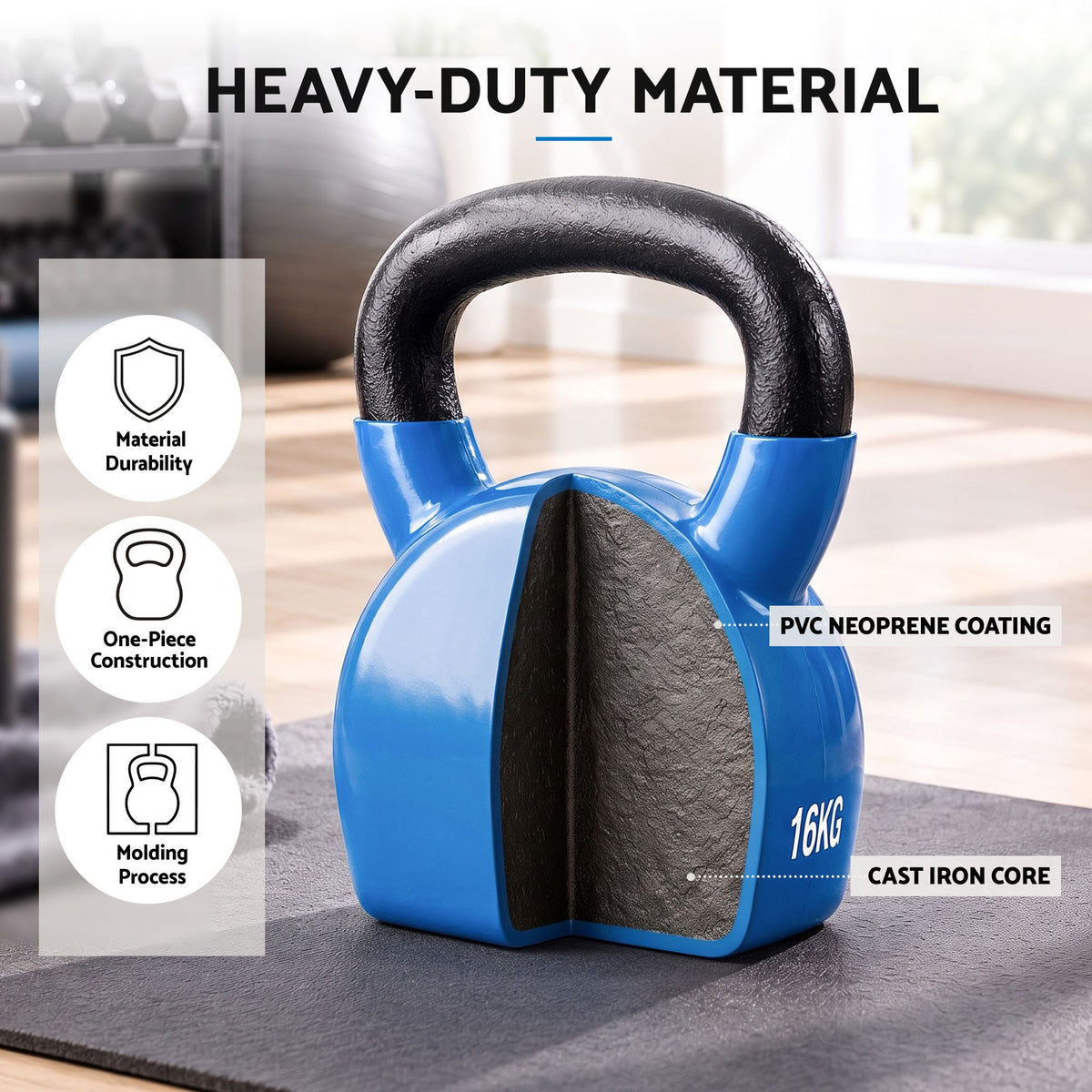 Everfit 16kg Kettlebell Cast Iron Neoprene Coated Flat Base Home Gym Blue