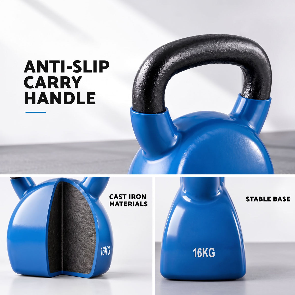 Everfit 16kg Kettlebell Cast Iron Neoprene Coated Flat Base Home Gym Blue