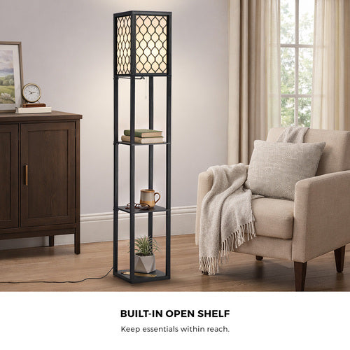 Oikiture Column Floor Lamp Metal Lamp Fabric Shade 3-tier Shelves