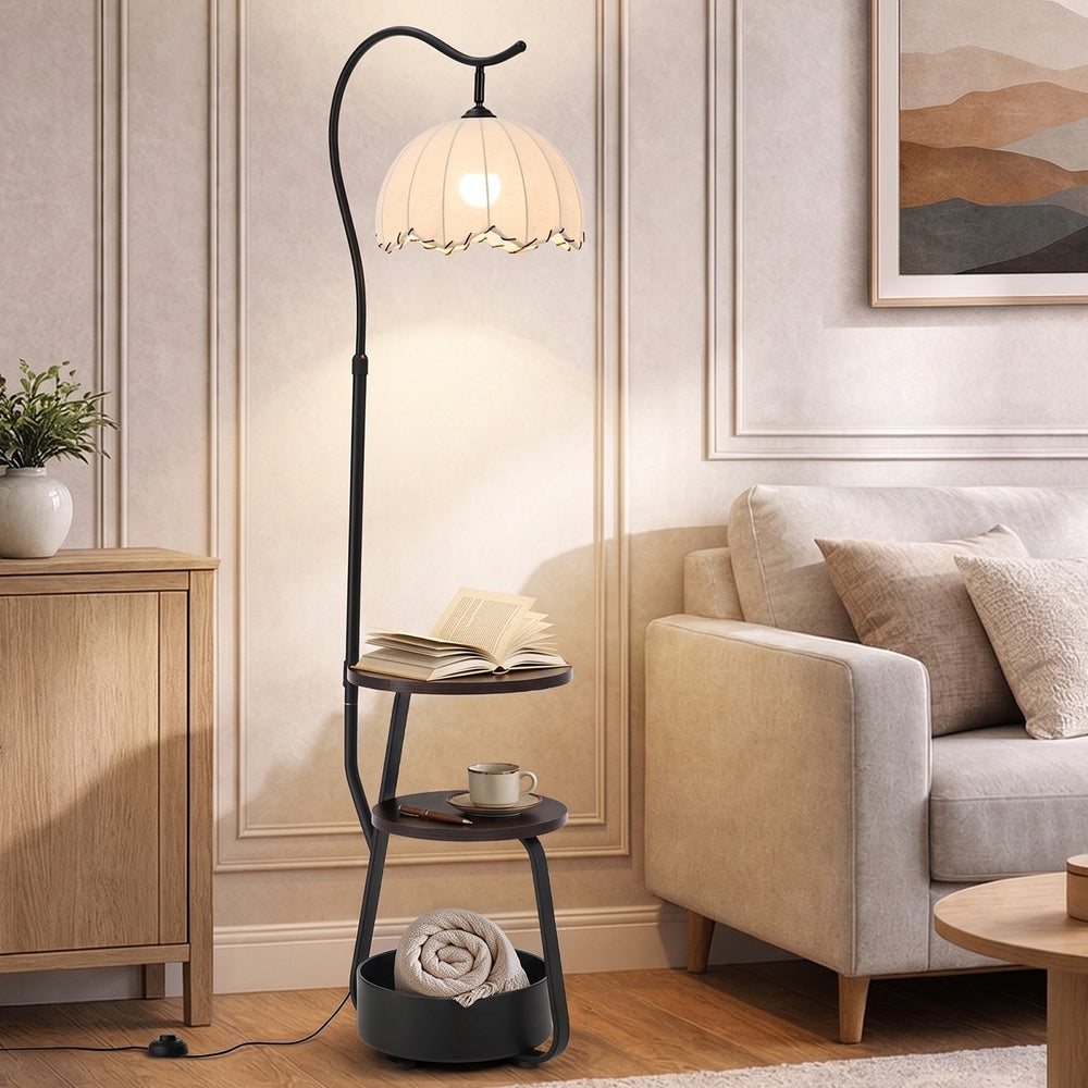 Oikiture Metal Floor Lamp Reading Lamp Fabric Shade w/Side Table