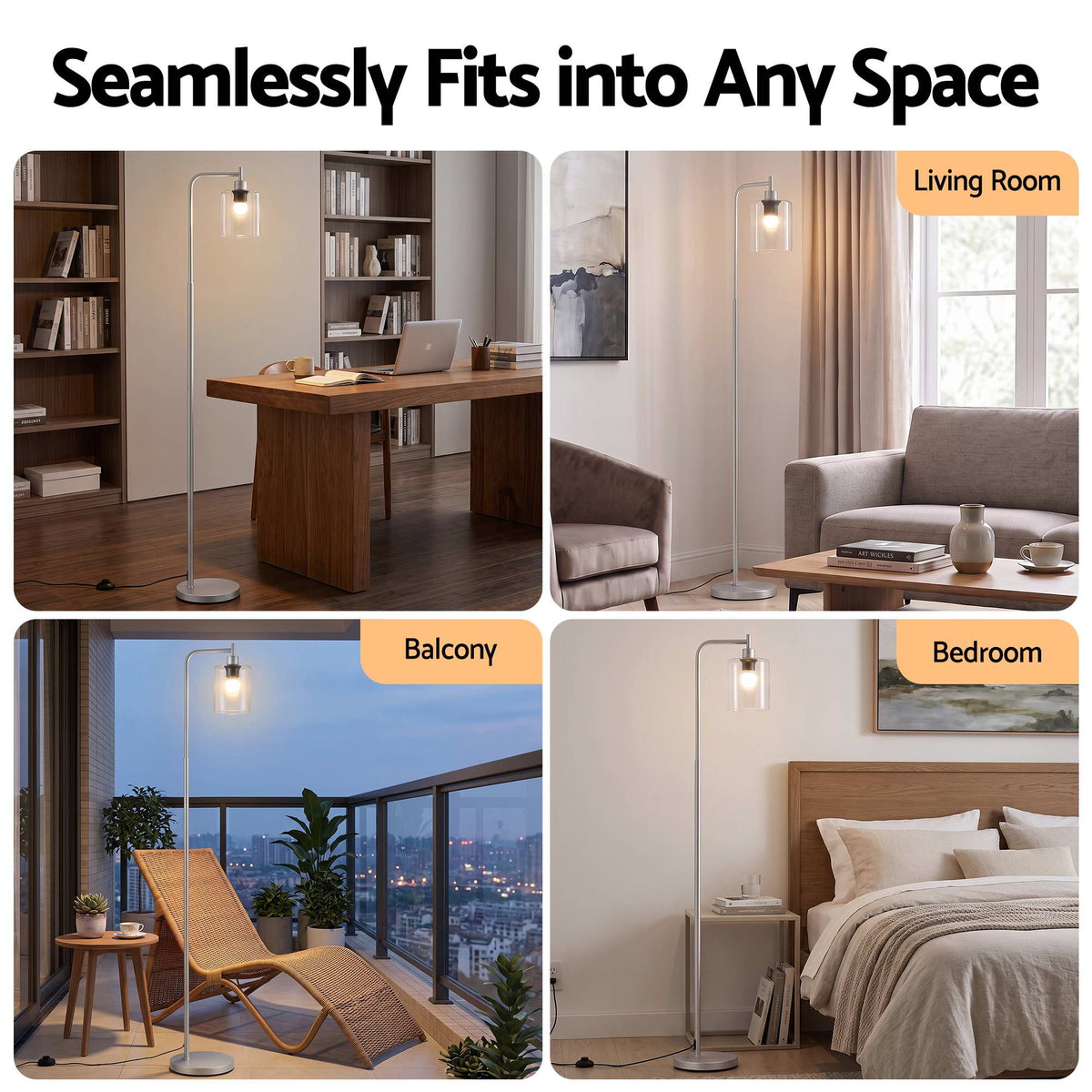 Floor Lamp Modern Industrial Standing Light with Clear Glass Shade, Silver Metal Tall Lamp for Living Room, Bedroom & Office, Anti-Tipping Weighted Base & Foot Switch (Bulb Not Included)