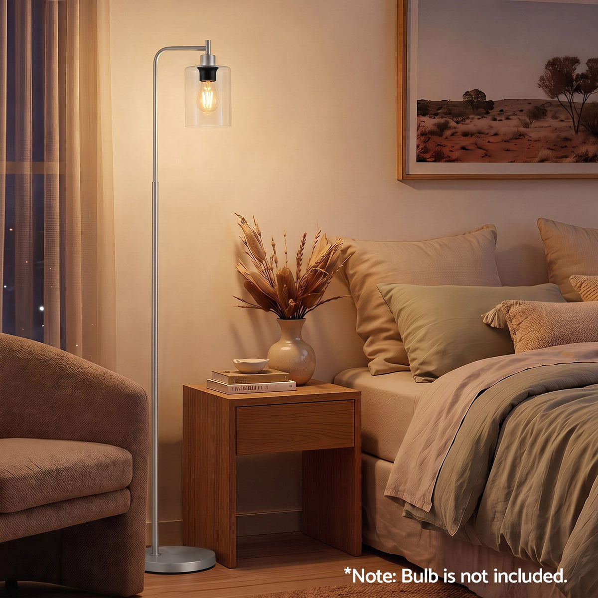 Floor Lamp Modern Industrial Standing Light with Clear Glass Shade, Silver Metal Tall Lamp for Living Room, Bedroom & Office, Anti-Tipping Weighted Base & Foot Switch (Bulb Not Included)