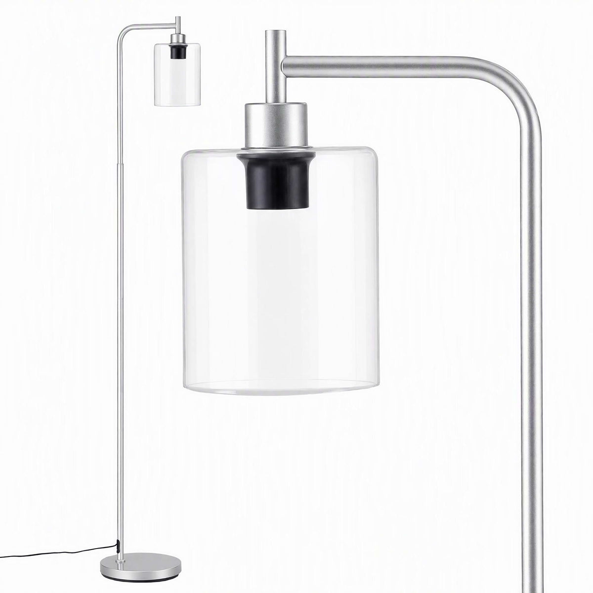Floor Lamp Modern Industrial Standing Light with Clear Glass Shade, Silver Metal Tall Lamp for Living Room, Bedroom & Office, Anti-Tipping Weighted Base & Foot Switch (Bulb Not Included)
