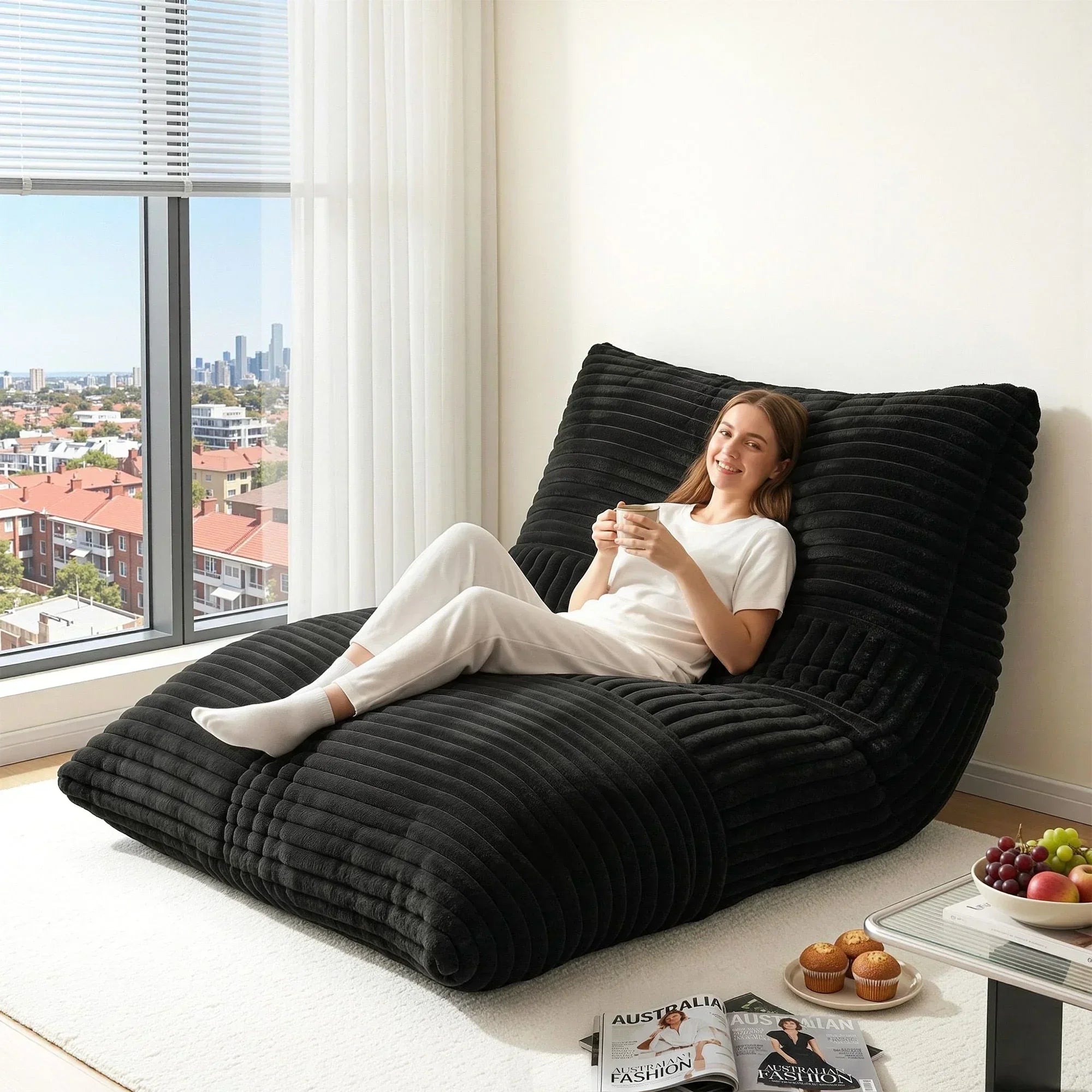 3-in-1 Bean Bag Chair for Living Room Convertible Floor Sofa Dark Grey