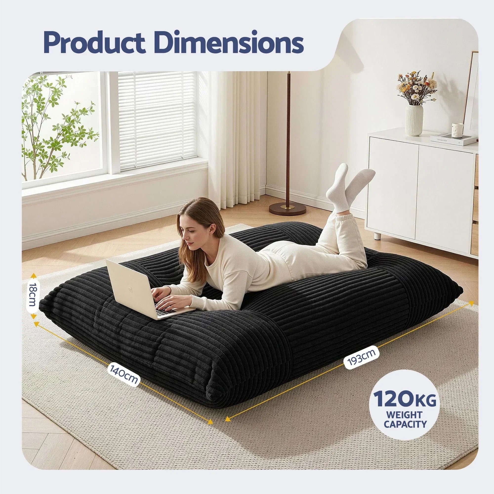 3-in-1 Bean Bag Chair for Living Room Convertible Floor Sofa Dark Grey