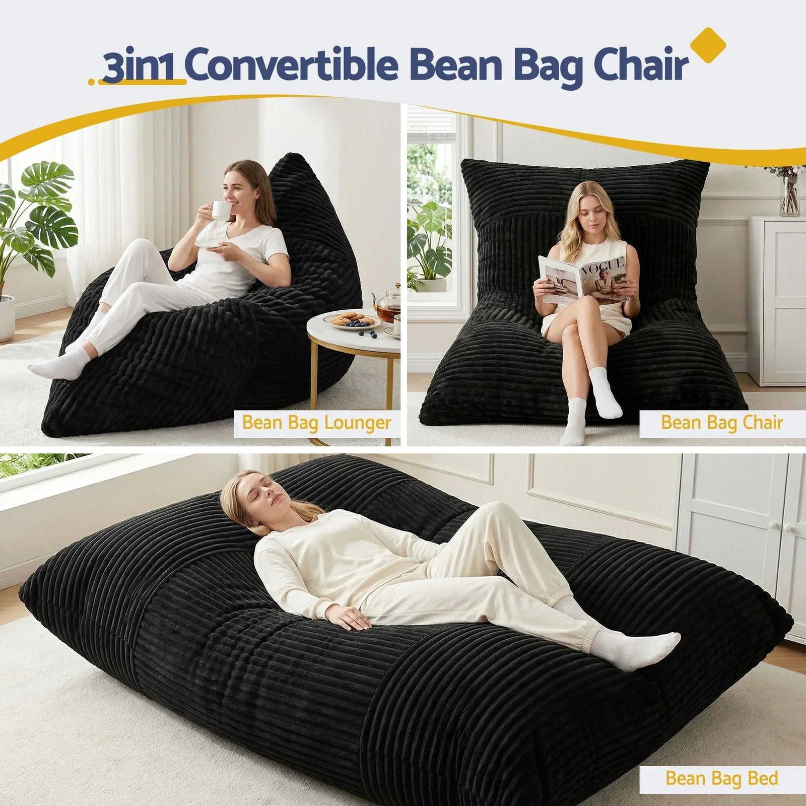 3-in-1 Bean Bag Chair for Living Room Convertible Floor Sofa Dark Grey