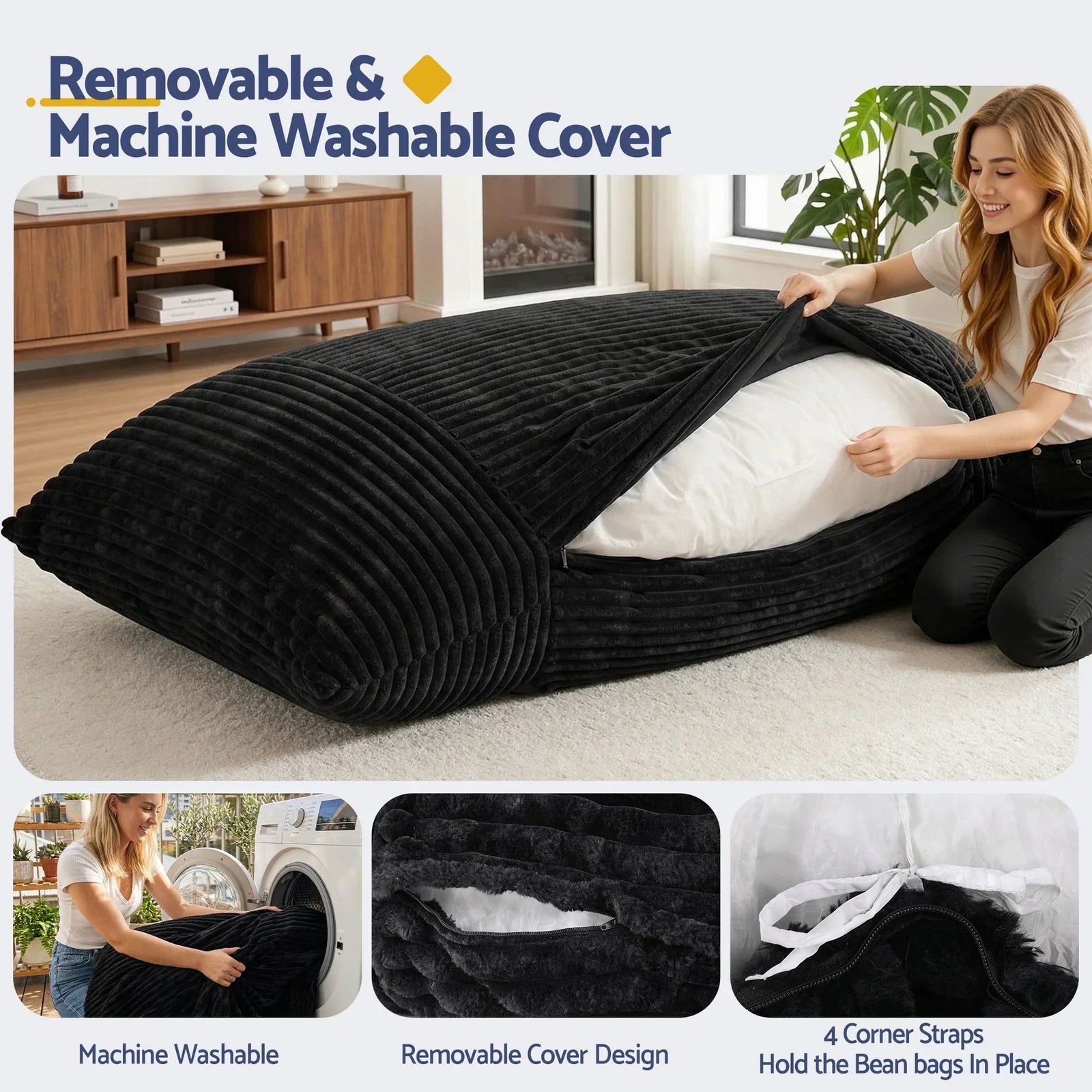 3-in-1 Bean Bag Chair for Living Room Convertible Floor Sofa Dark Grey
