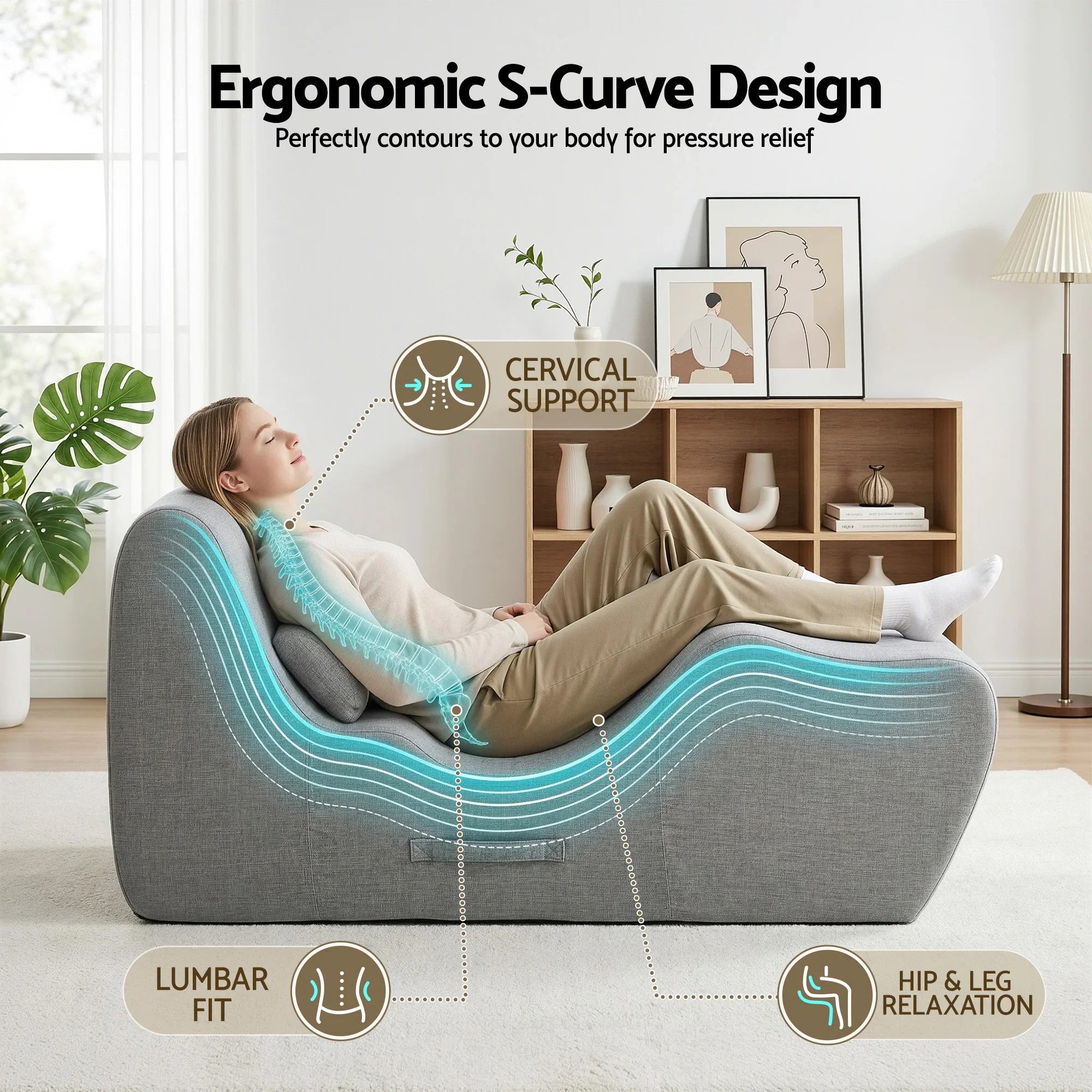 Chaise Lounge Chair Ergonomic S-Curve Floor Lounger Boneless Lounge Chairs Grey