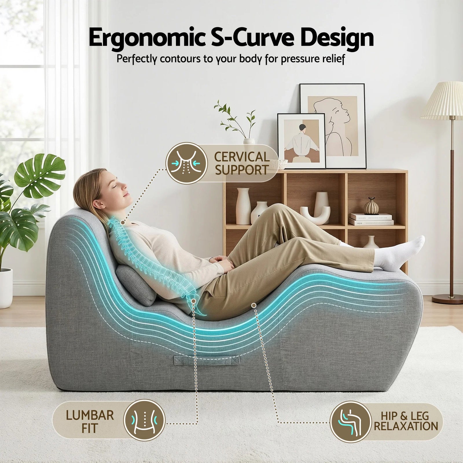 Chaise Lounge Chair Ergonomic S-Curve Floor Lounger Boneless Lounge Chairs Grey