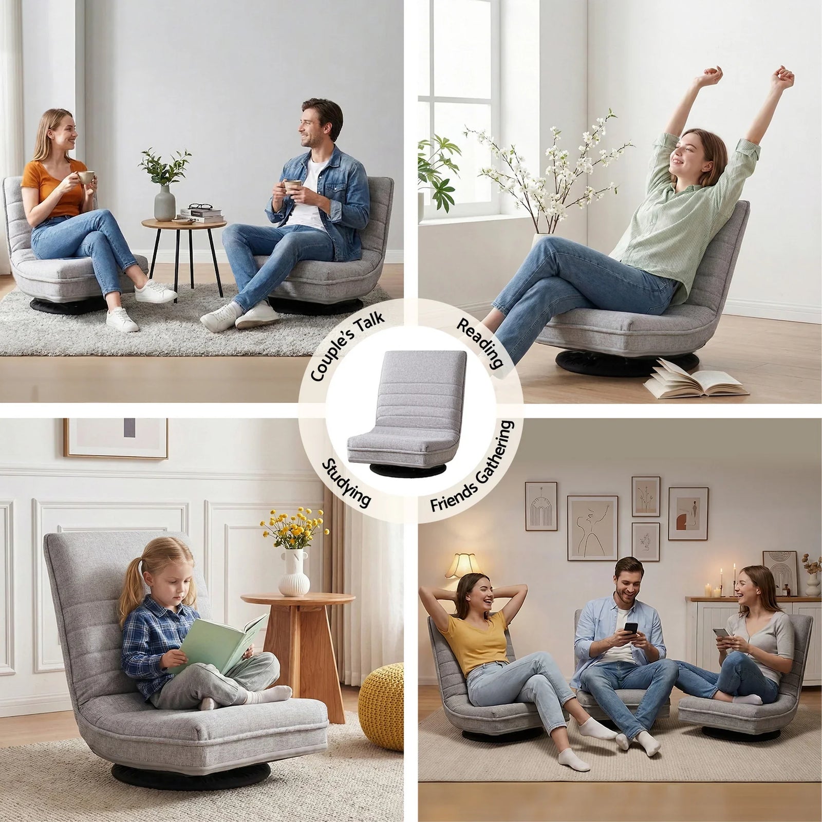 360° Swivel Floor Gaming & Lounge Chair with Foldable Design – Grey