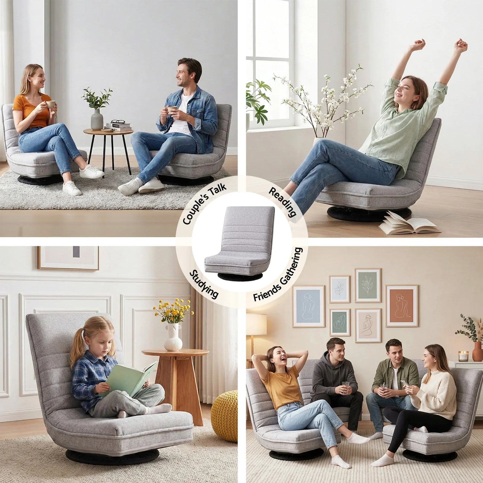 2 Swivel Floor Chair 360 Adjustable Foldable Lounge Seat Floor Sofa Chair Grey