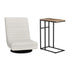 Artiss Floor Lounge & Coffee Table Set, Swviel Foldable Linen Sofa Chair White, C-Shaped Side Table Walnut