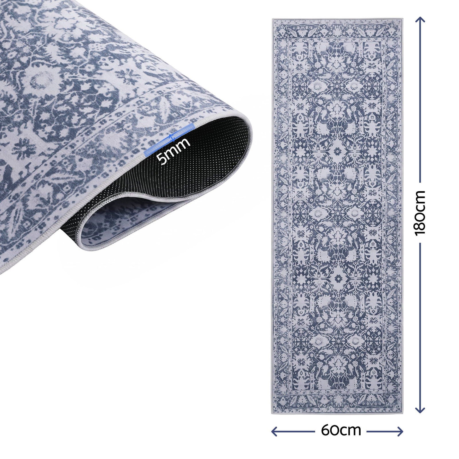 60 x 180 cm Runner Rugs for Hallway Bedroom Pad-Free Dense Dot Backing Stops Slipping & Robot Vacuum Friendly, Vintage Carpet for Reading Nook Dining Area, 100% Polyester Washable