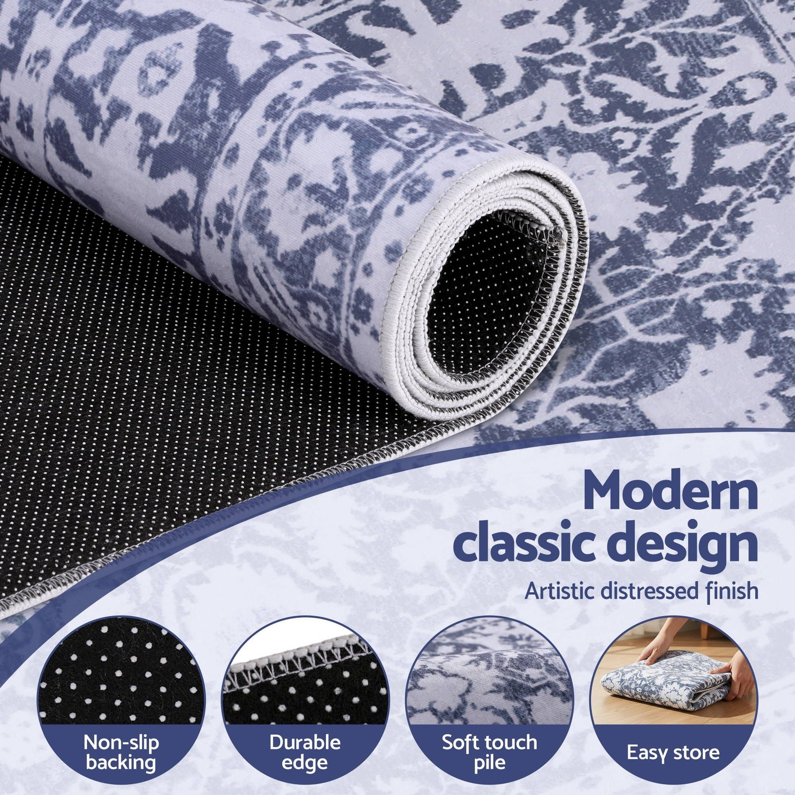 60 x 180 cm Runner Rugs for Hallway Bedroom Pad-Free Dense Dot Backing Stops Slipping & Robot Vacuum Friendly, Vintage Carpet for Reading Nook Dining Area, 100% Polyester Washable