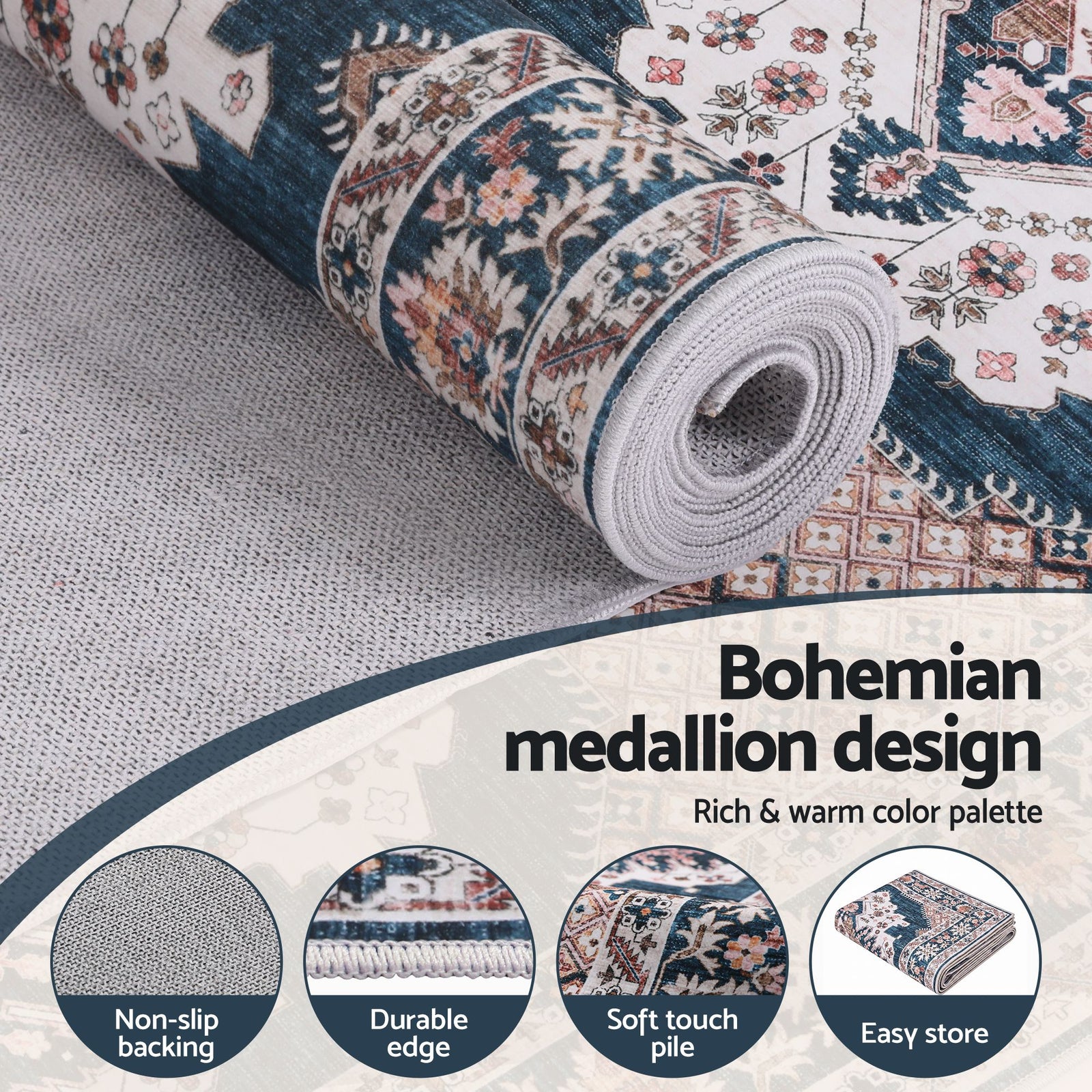 80 x 180 cm Washable Runner Area Rug No Hard Glue Quilt-Like Soft for Home Decor, 0.5cm Ultra-Thin Pet Friendly Bohemian Medallion Bedroom Carpet