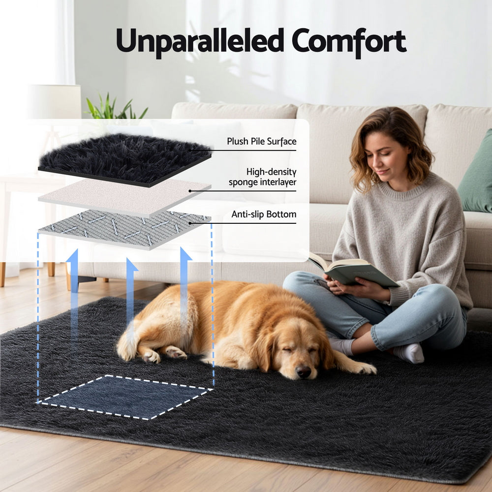 Floor Rug 140x200cm Plush Area Shaggy Rug Living Room Bedroom Carpet Black