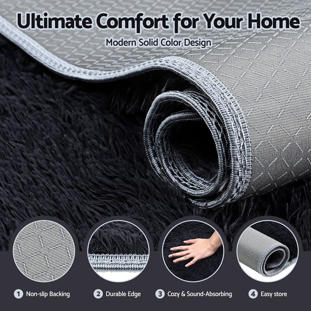 Floor Rug 140x200cm Plush Area Shaggy Rug Living Room Bedroom Carpet Black