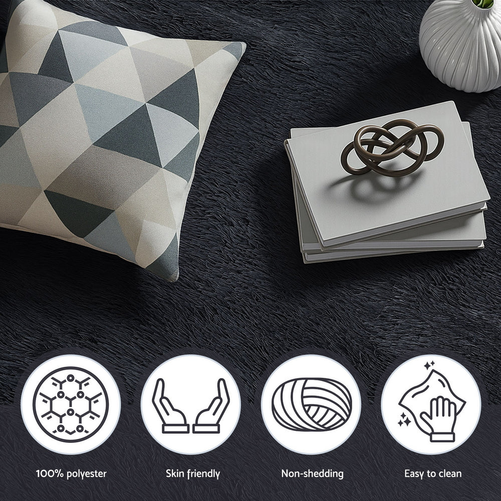 Floor Rug 140x200cm Plush Area Shaggy Rug Living Room Bedroom Carpet Black