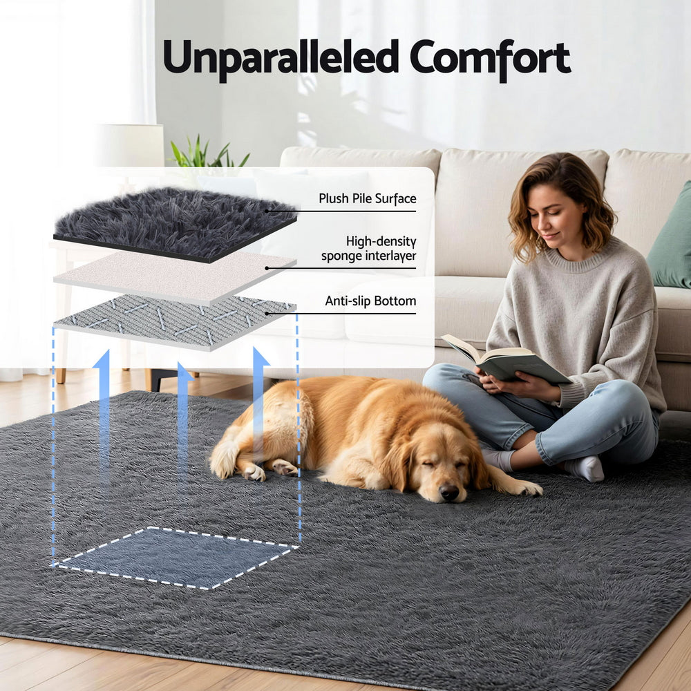 Floor Rug 200x230cm Plush Area Shaggy Rug Living Room Bedroom Carpet Grey
