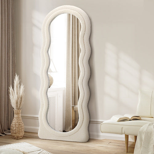 Oikiture Full‑Length Mirror – 180×70cm, Boucle Frame, Shatterproof Glass, White