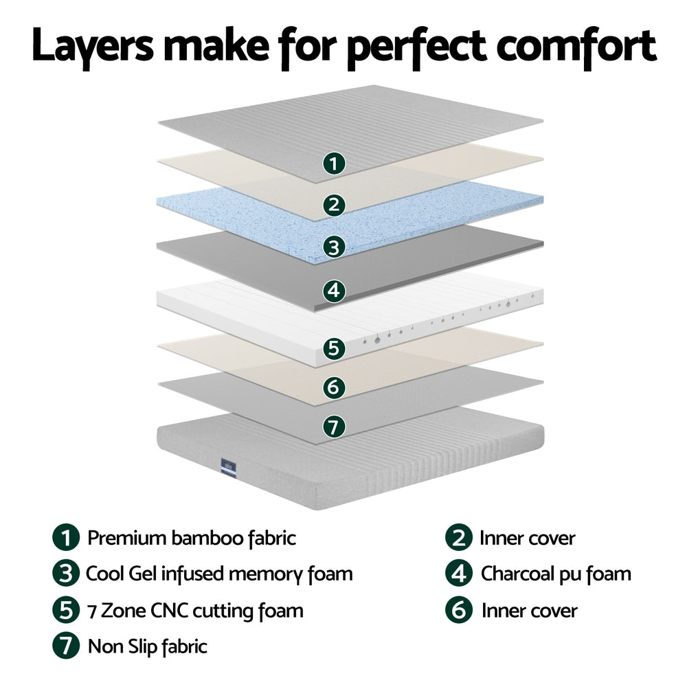 Cool Gel Memory Foam Mattress Charcoal 7-Zone Bamboo Cover 15cm Queen Size