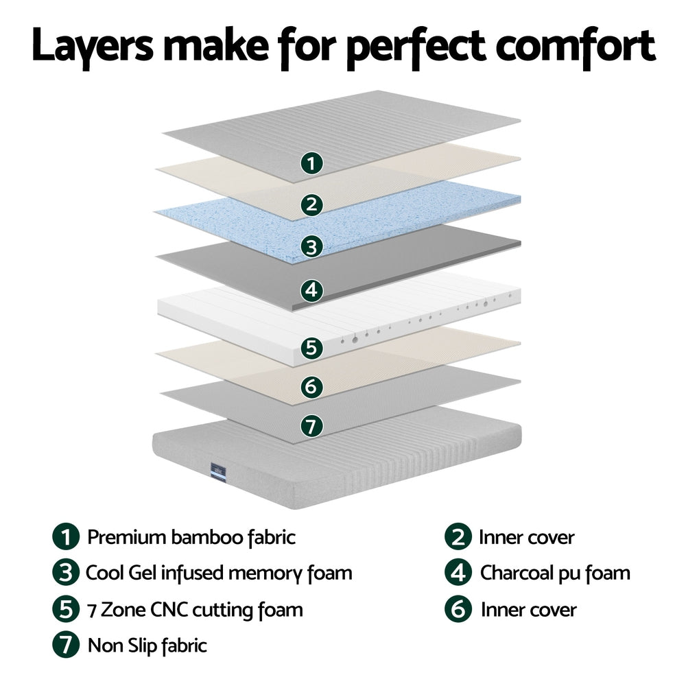 Cool Gel Memory Foam Mattress Charcoal 7-Zone Washable Bamboo Cover 15cm Single
