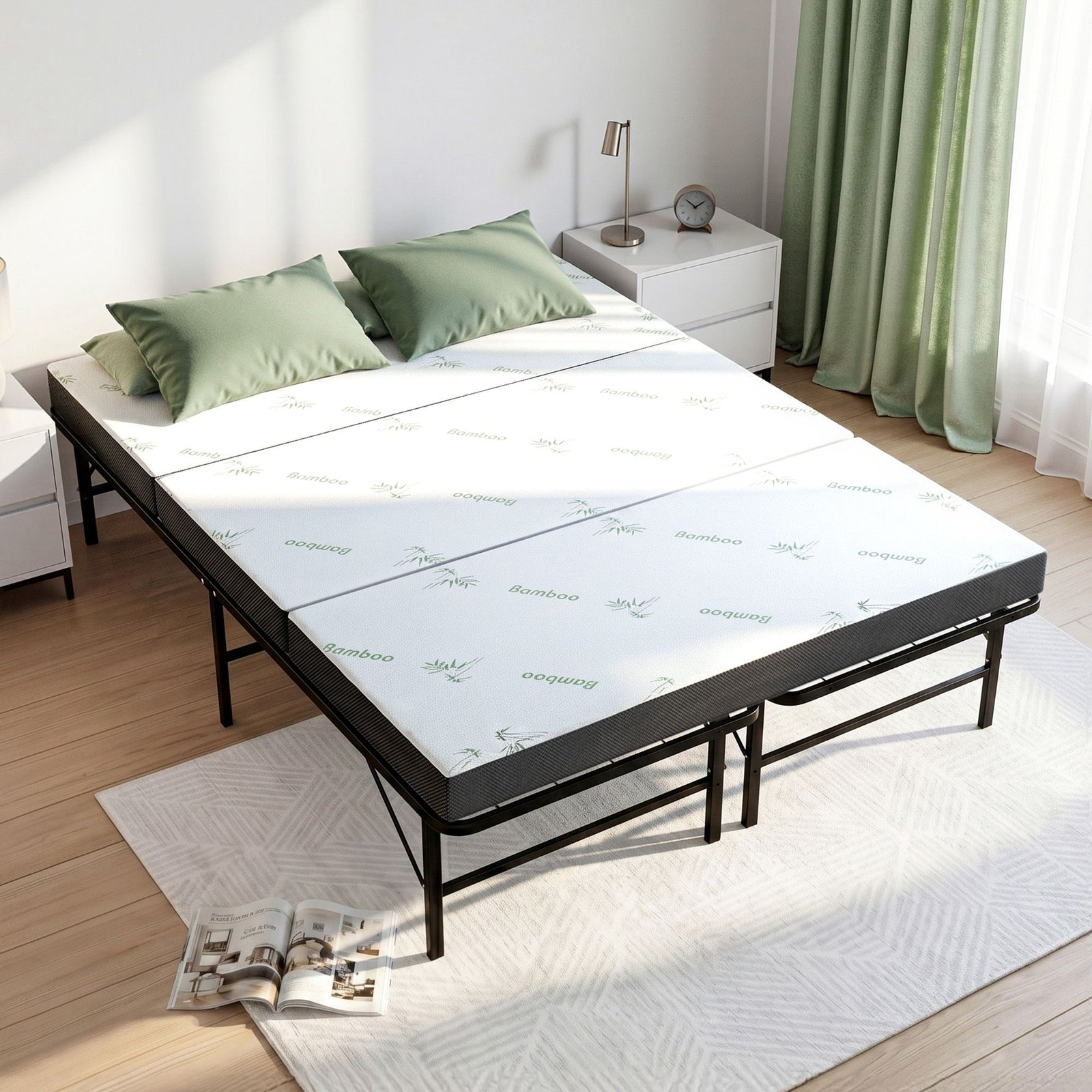 Folding Bed with Mattress Double – Bamboo Cover, Steel Frame, Portable 150kg