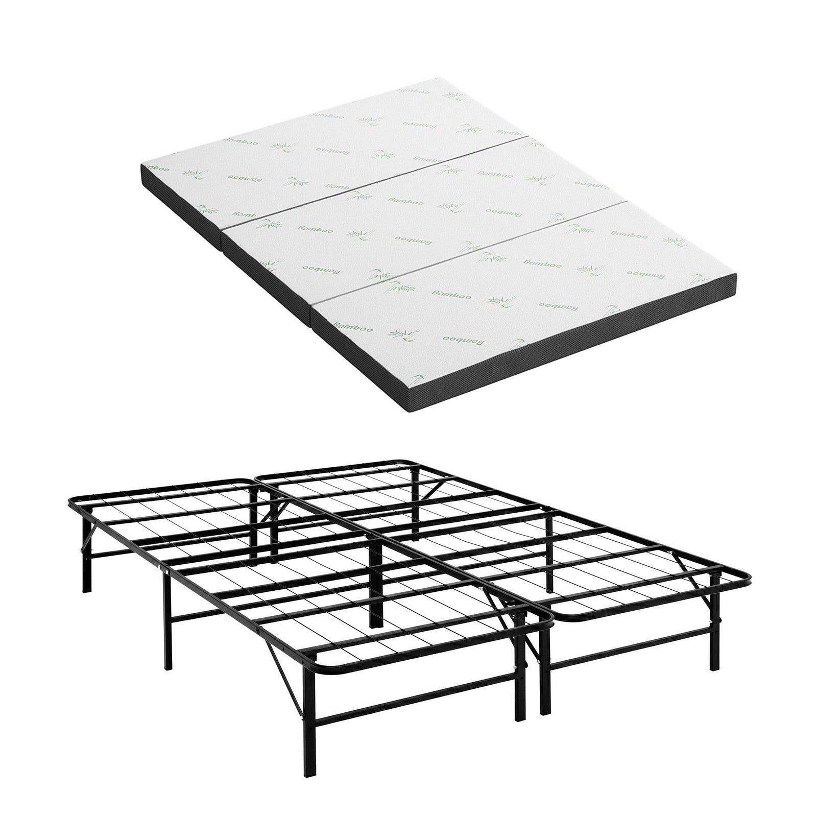 Folding Bed with Mattress Double – Bamboo Cover, Steel Frame, Portable 150kg