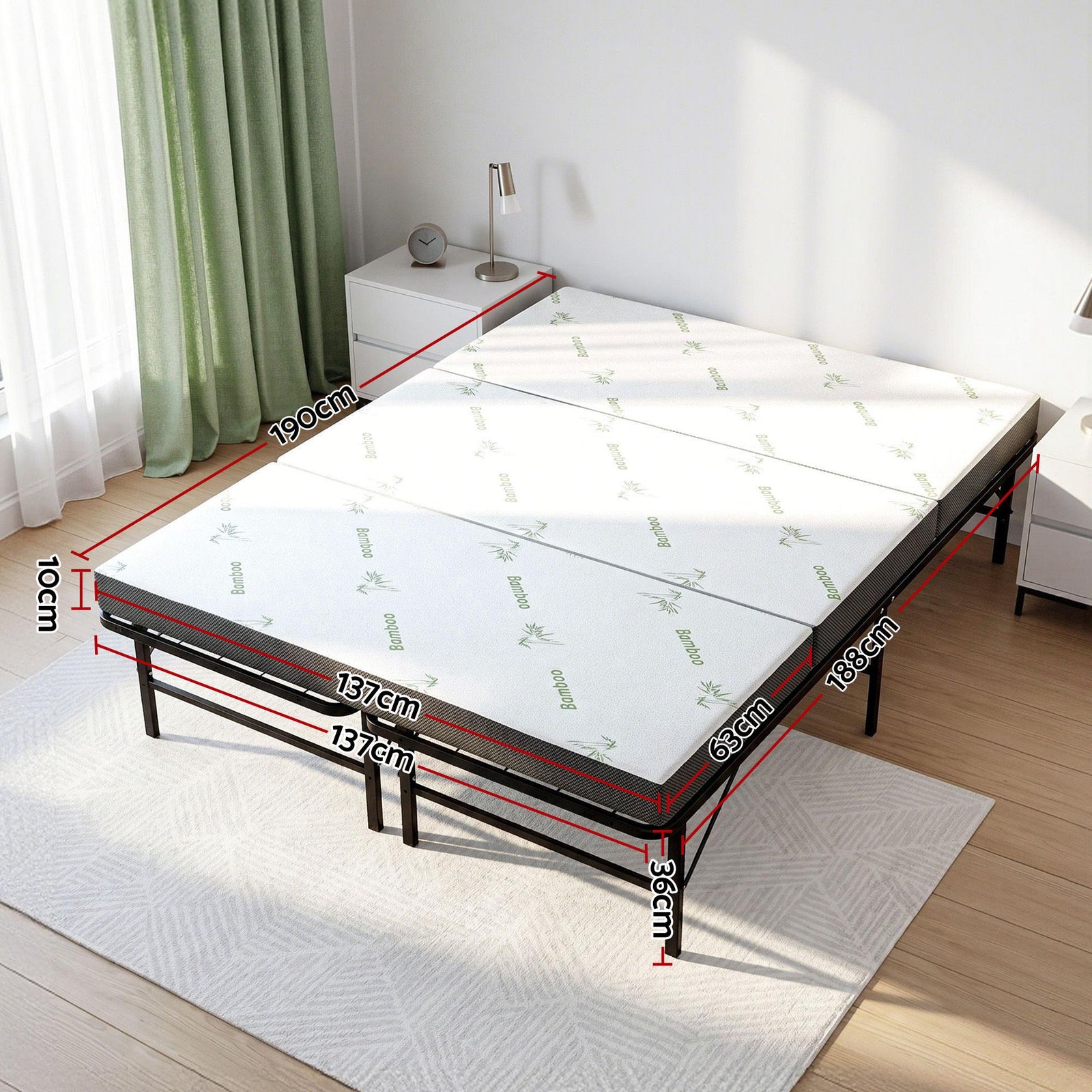 Folding Bed with Mattress Double – Bamboo Cover, Steel Frame, Portable 150kg