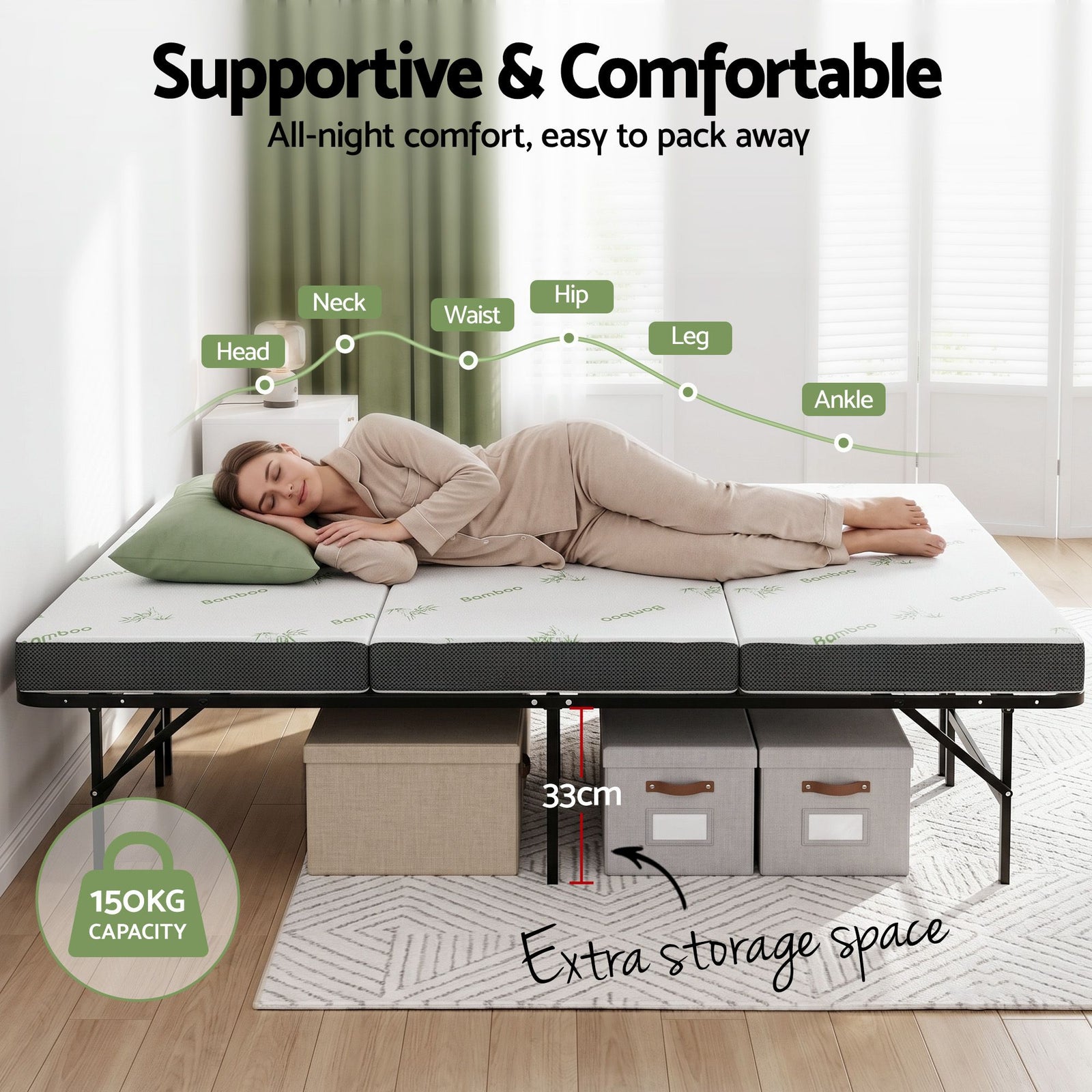 Folding Bed with Mattress Double – Bamboo Cover, Steel Frame, Portable 150kg