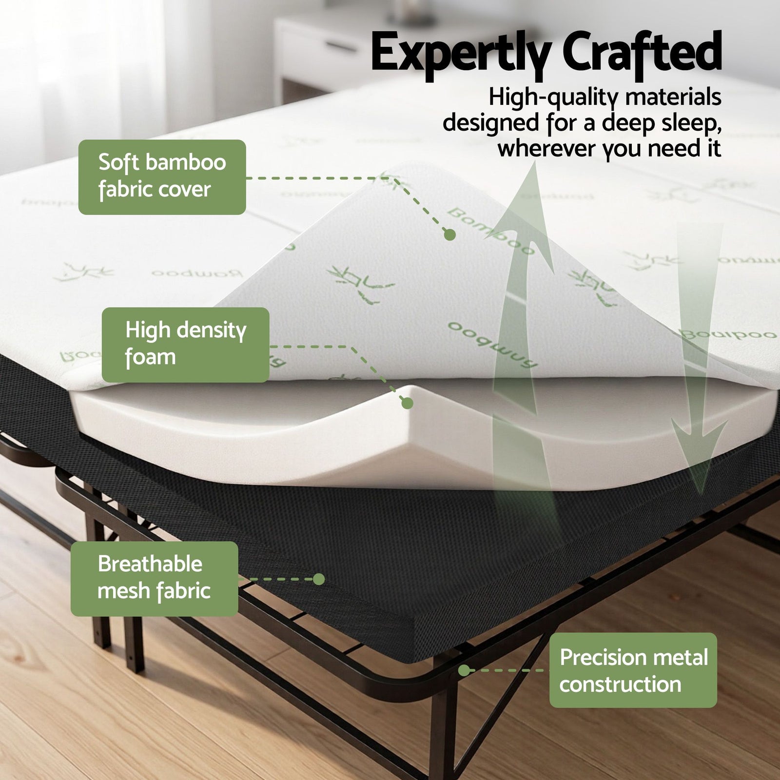 Folding Bed with Mattress Double – Bamboo Cover, Steel Frame, Portable 150kg