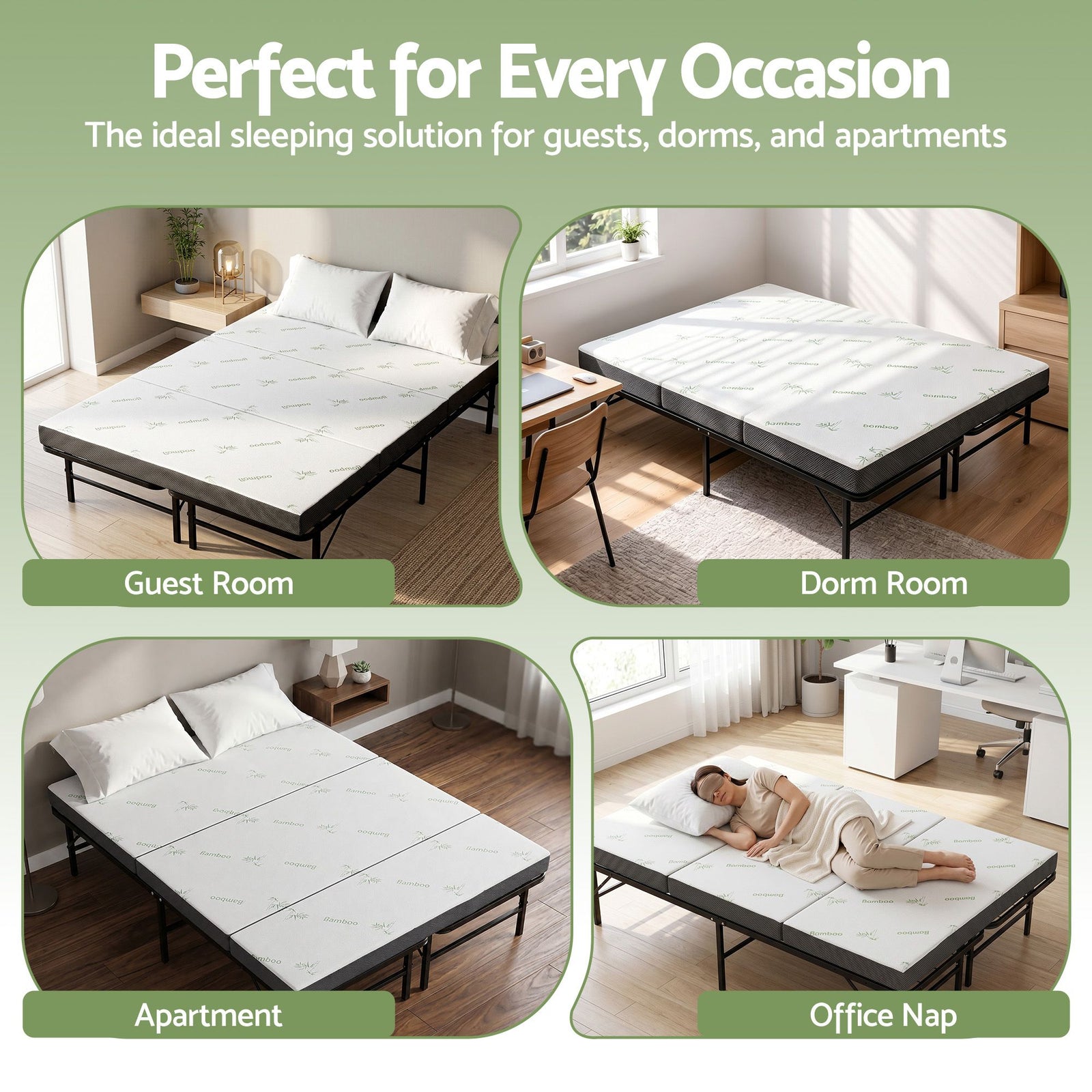 Folding Bed with Mattress Double – Bamboo Cover, Steel Frame, Portable 150kg